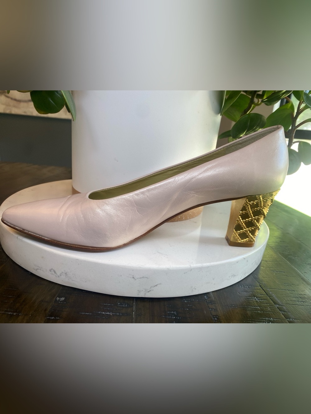 Norma B Blush Pink Leather Pump Gold Quilted Block Heel Size 8 Vtg Spain 2.5in - Picture 3 of 12